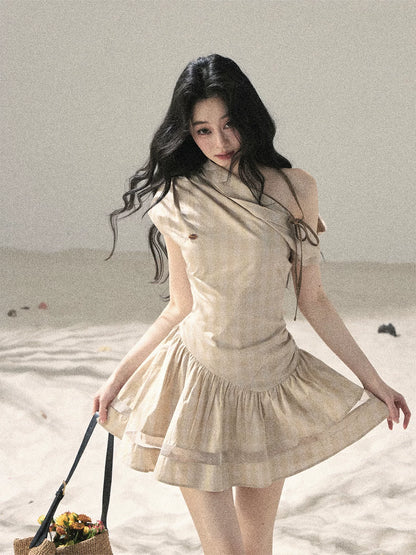 "Traces Left by the Wind" Sand Beige Off-Shoulder Plaid Puff Mini Dress