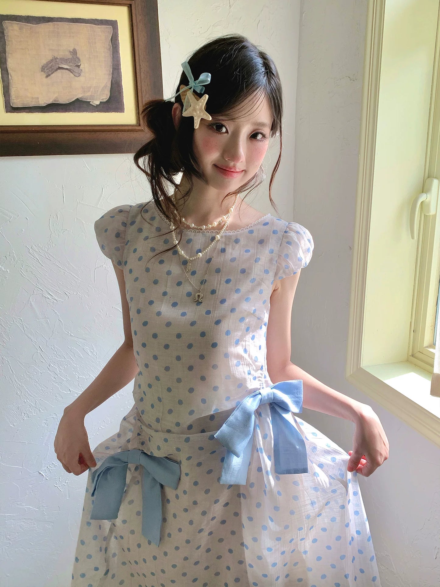 “Blue Mist Polka Reverie” Mist Blue Bow Lace Dress