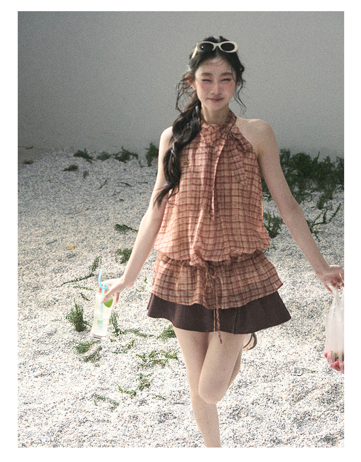 “Maple Whisper” Rust Red Halter Plaid Slim Tee