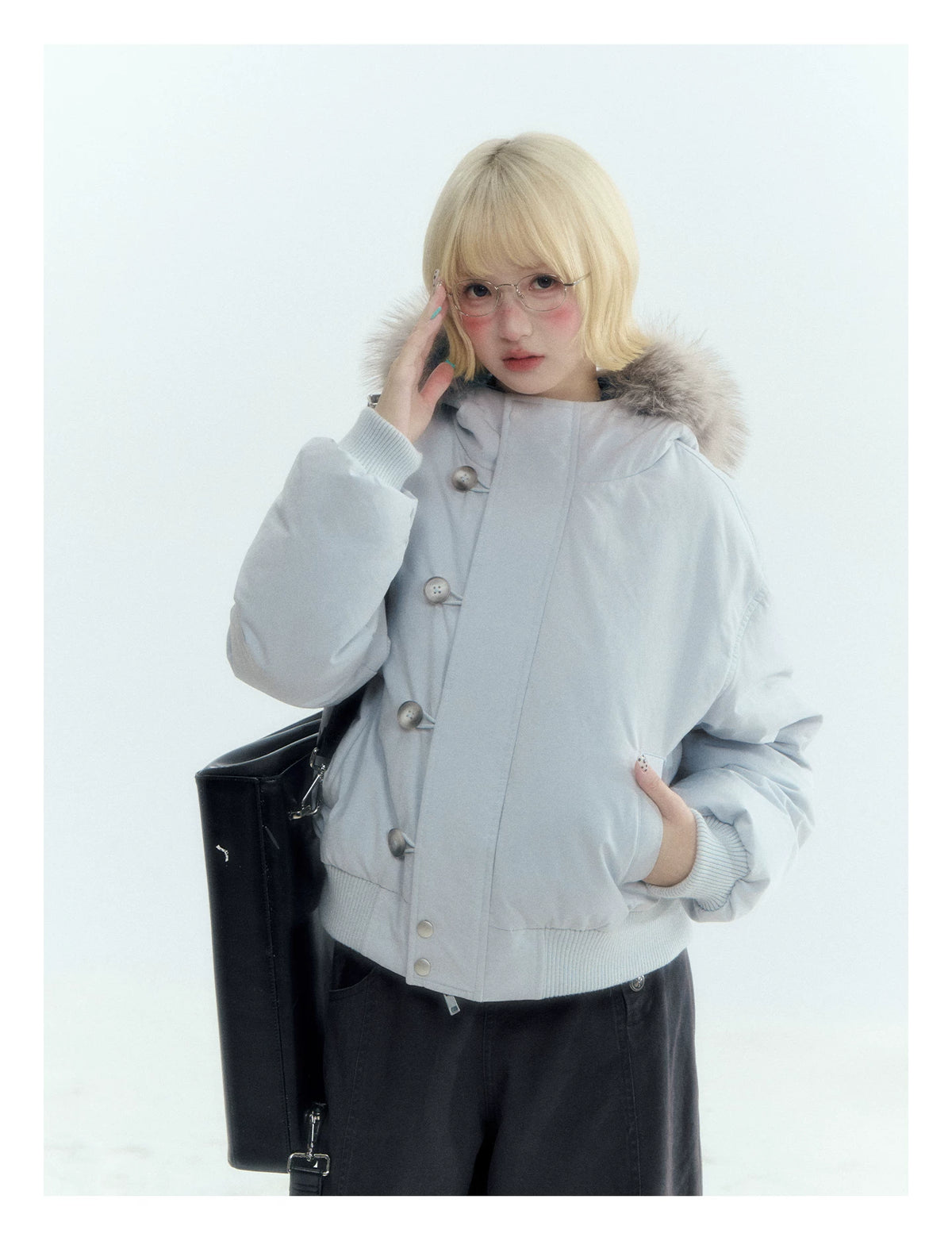 Horridale - Mist Blue Hooded Down Jacket with Detachable Faux Fur Collar