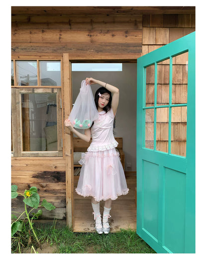 [RF] “Peach Petal Reverie” Peach Pink Doll Collar Top & Tulle Skirt Set