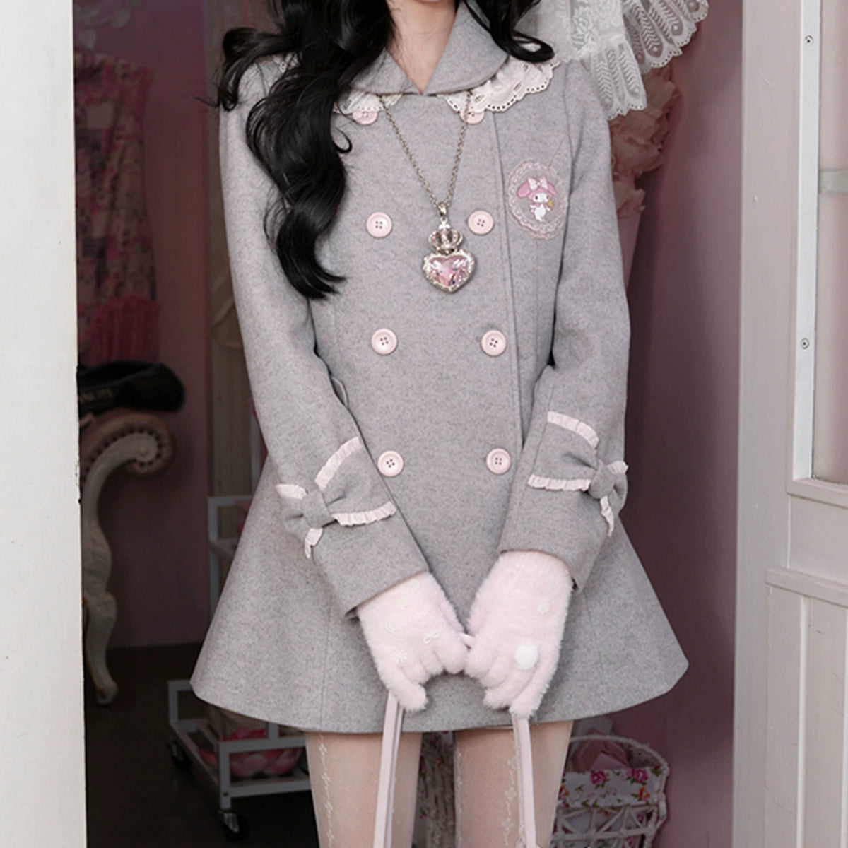 KYOUKO - My Melody Dusty Pink-Gray Double-Breasted Waist-Defined Wool-Look Coat