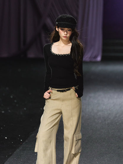 "Heiress Charm" Square Neck Knit Top (Black/ Light Apricot)