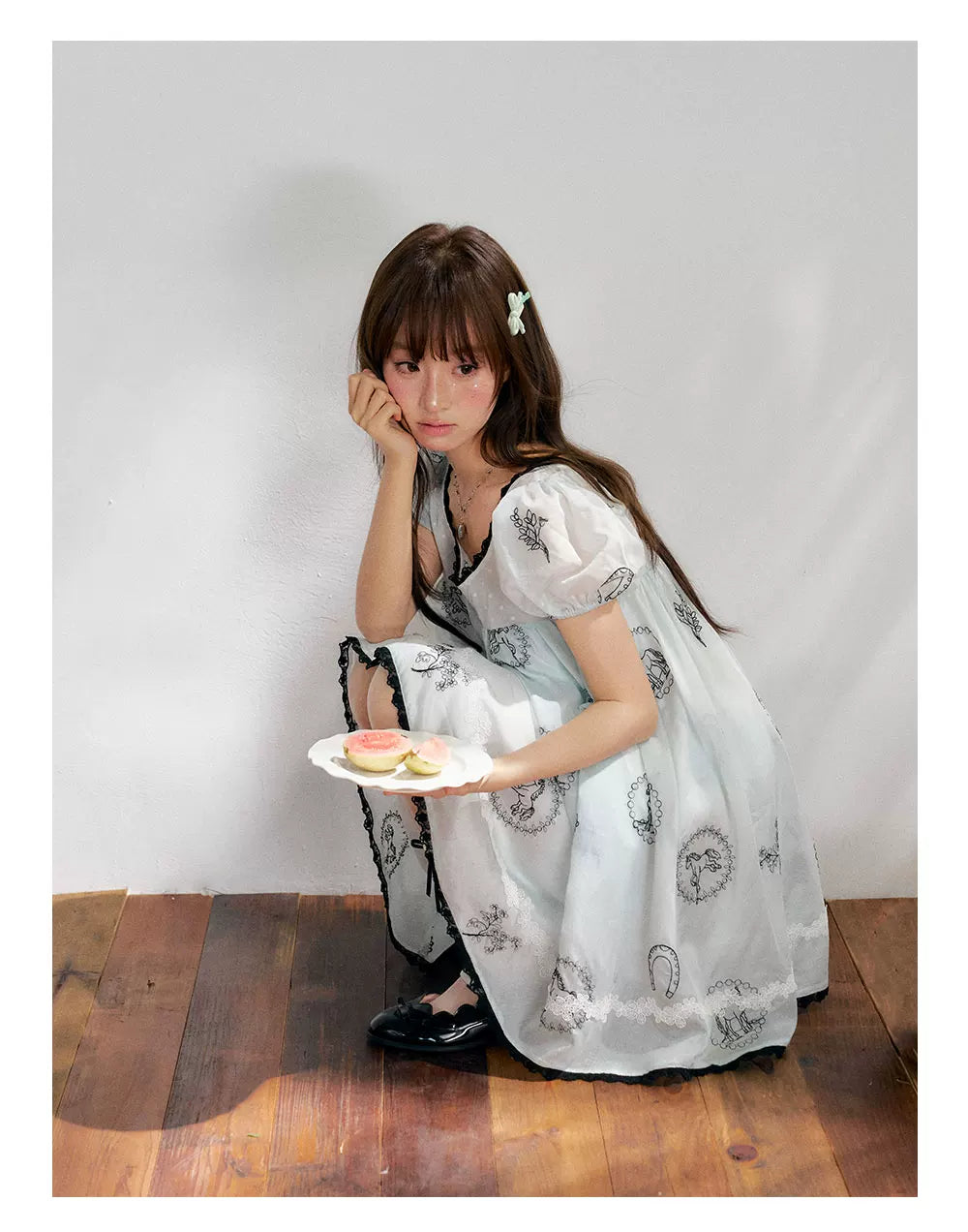 “Brown Sugar Fairytale” Blue Embroidered Puff Sleeve Dress