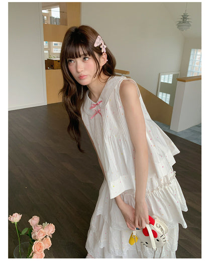 “Starfall Fairytale” White Ribbon Sleeveless Top & Layered Lace Skirt