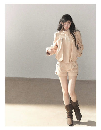 AOMALM - Mauve Faux Suede Jacket & Cargo Shorts Set