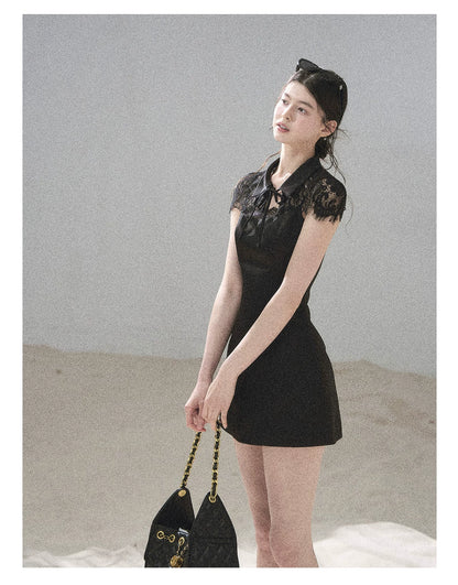 "Moonlit Rose Sonata" Tranquil Black Lace Mini Dress & Cape Set
