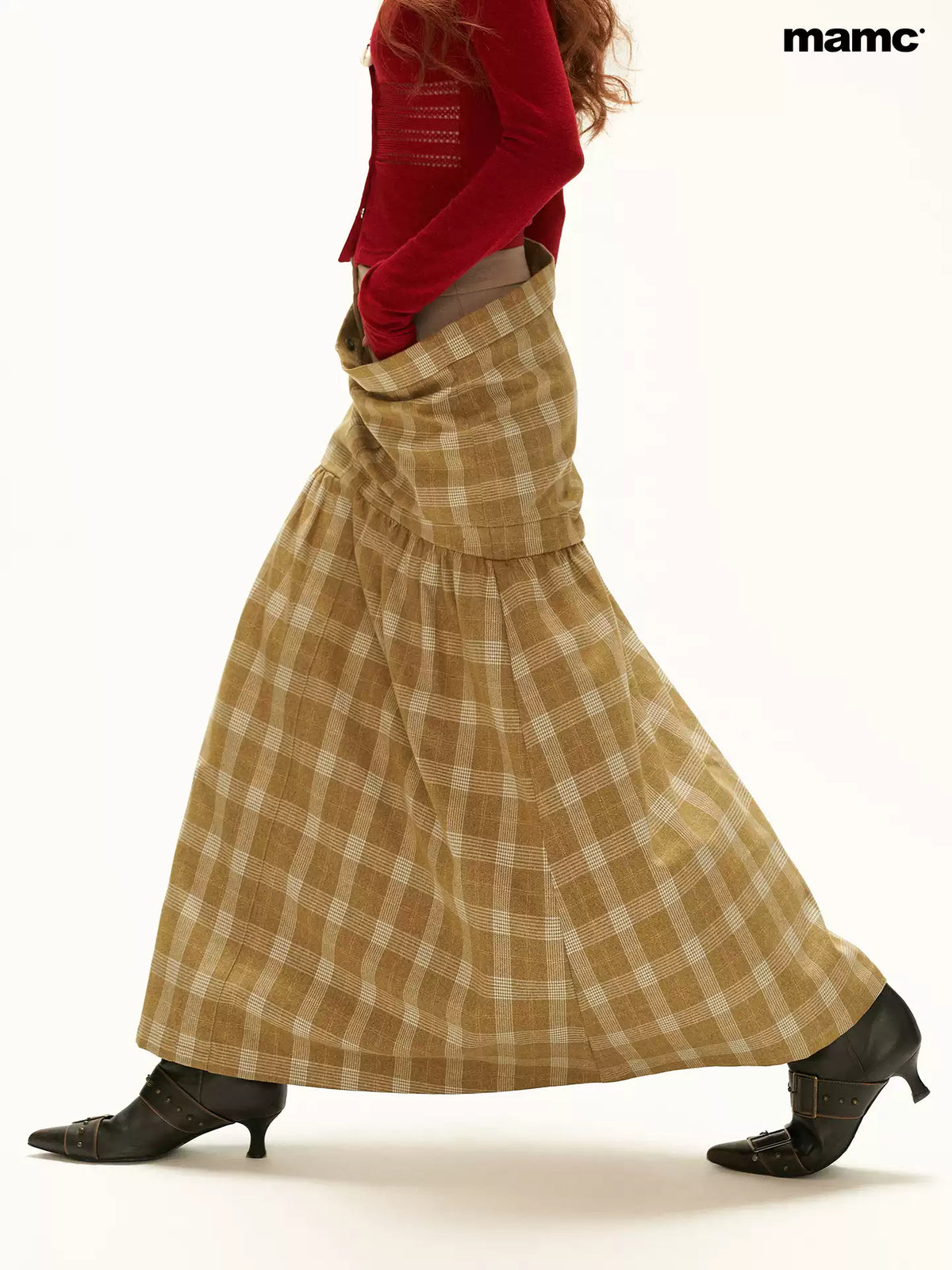 MAMC - Vintage Plaid A-Line Skirt with Layered Waist Detail (Black / Yellow)