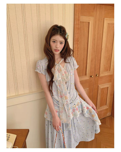 “Sea Salt Blossom Letter” Baby Blue Layered Skirt Set