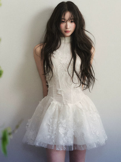 1P - White Floral Lace High-Neck Tulle Mini Dress