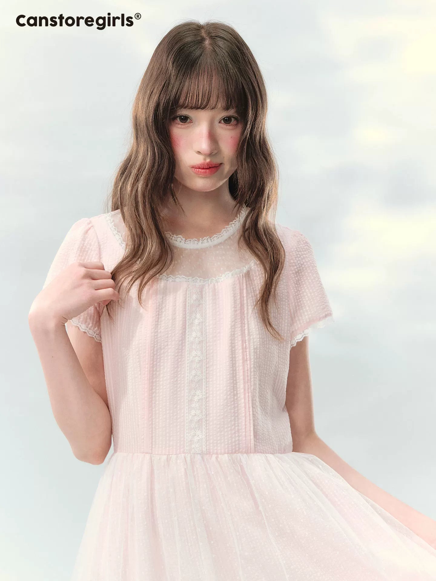 “Peach Bubble Romance” Pink Polka Dot Lace Midi Dress
