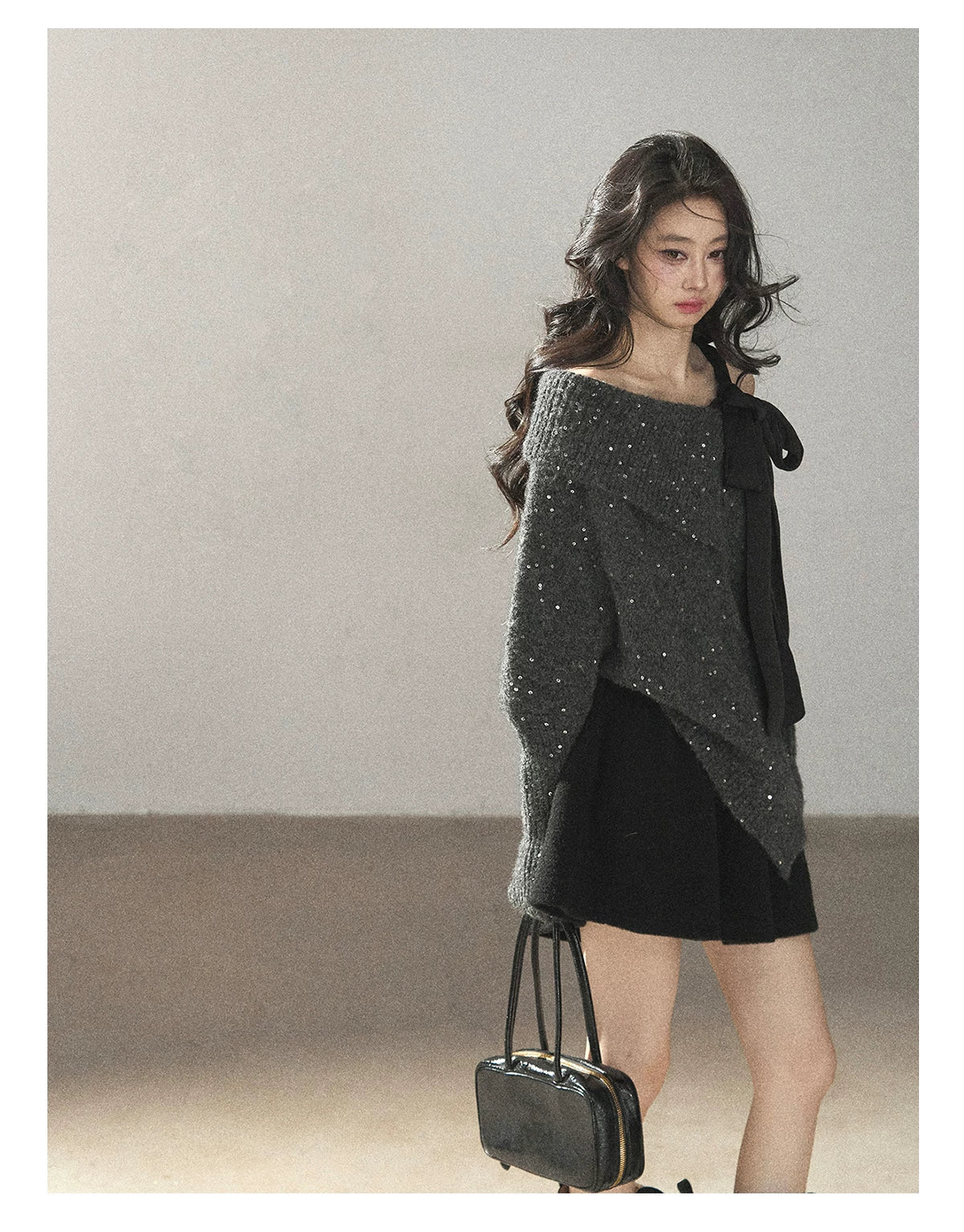 AOMALM - "Starlit Reverie" Sequin Off-Shoulder Sweater with Satin Bow - Paris Gray
