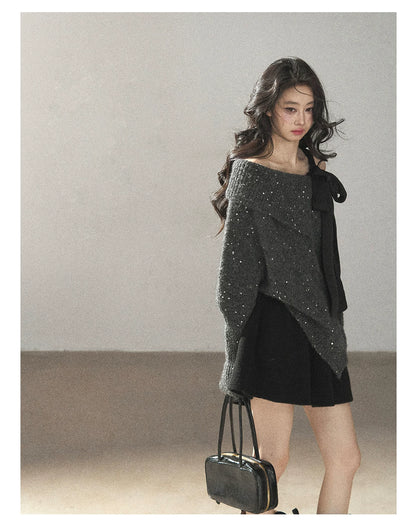 AOMALM - "Starlit Reverie" Sequin Off-Shoulder Sweater with Satin Bow - Paris Gray