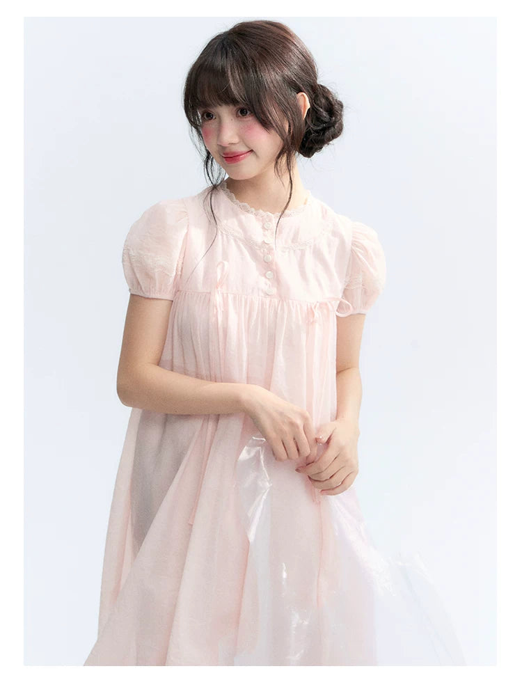 "Little Princess" Strawberry Pink Lace Bow Bubble Hem Midi Dress