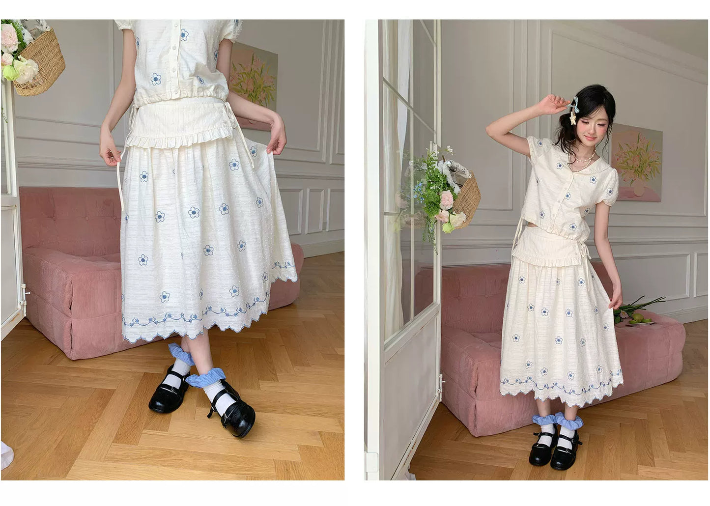 “Flower Sugar Soufflé” Cream Floral Embroidered Skirt Set