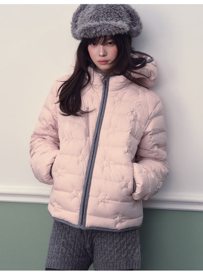Soote Season - Cloud Pink Star Embroidered Lightweight Hooded Puffer Jacket
