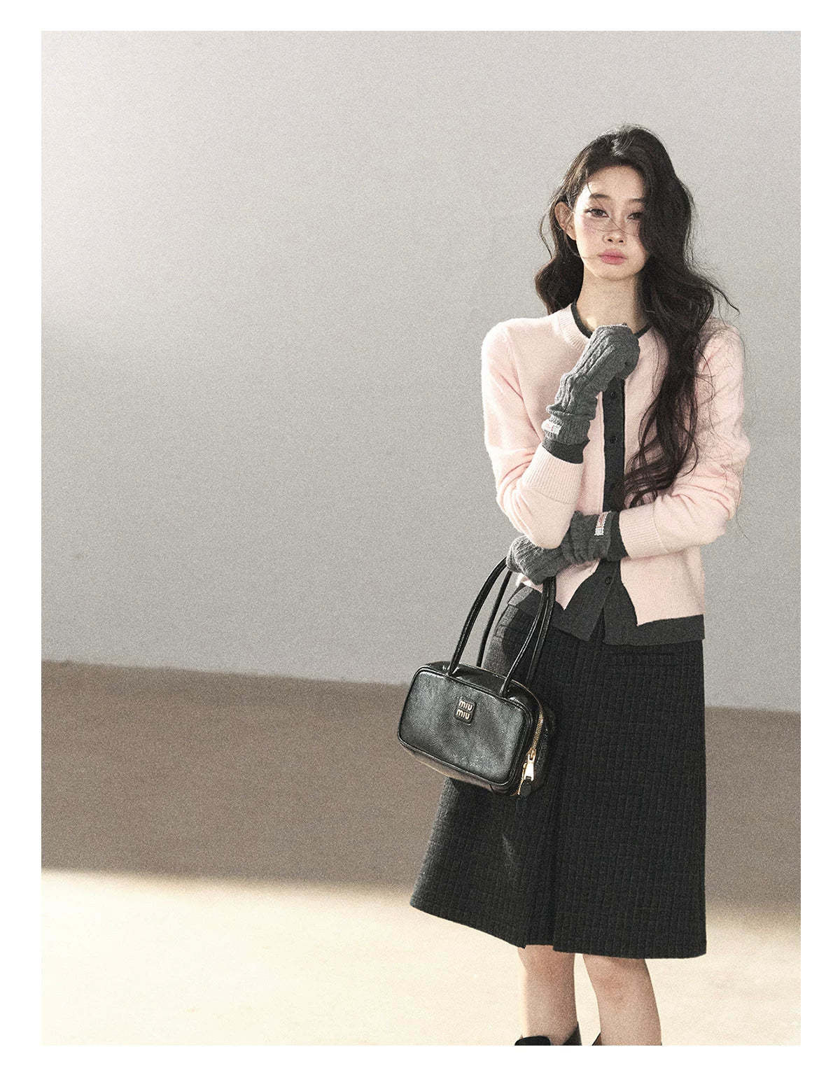 AOMALM - Cinnamon Pink Faux Layered Cropped Cardigan Sweater