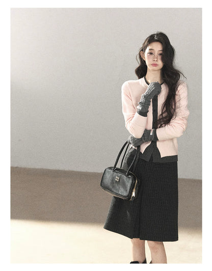 AOMALM - Cinnamon Pink Faux Layered Cropped Cardigan Sweater