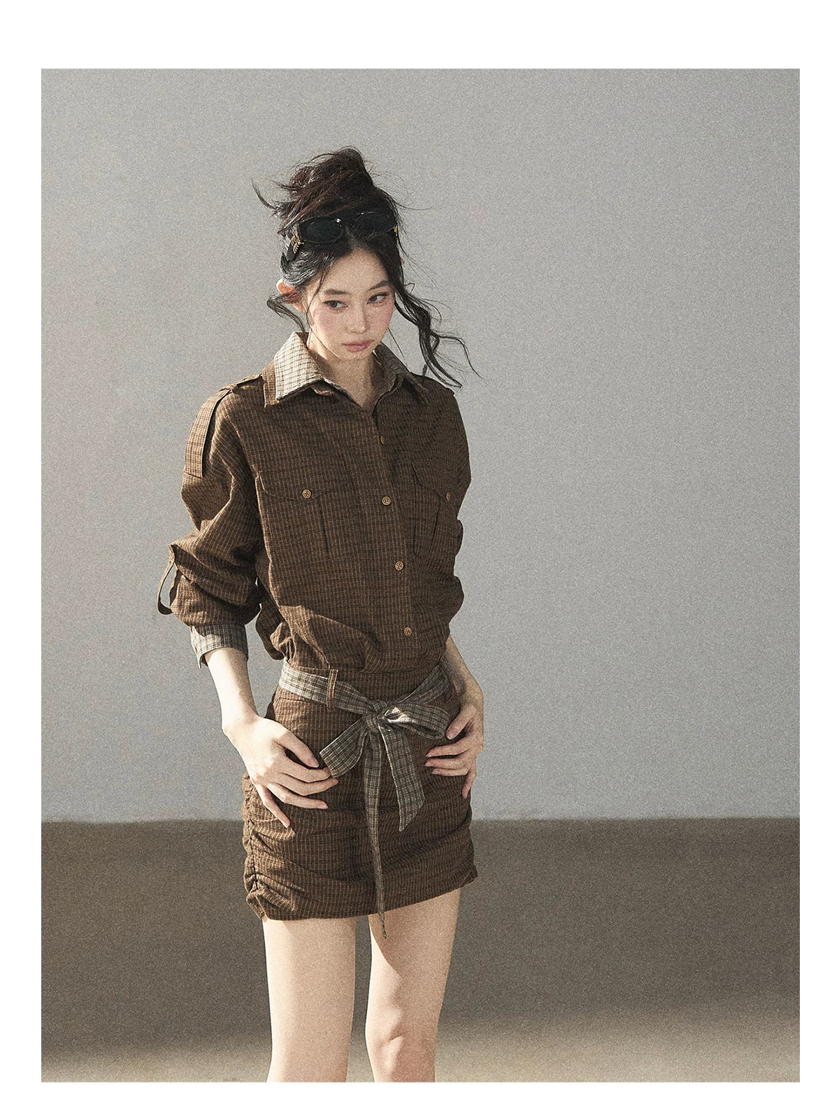 AOMALM - "A Promise Beneath the Oak" Crabapple Brown Plaid Shirt Dress with Belt