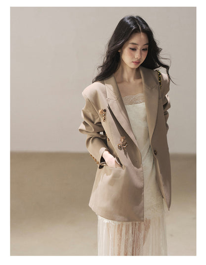 170726 "Your Open Meadow" Taupe Gray Floral Embellished Oversized Blazer