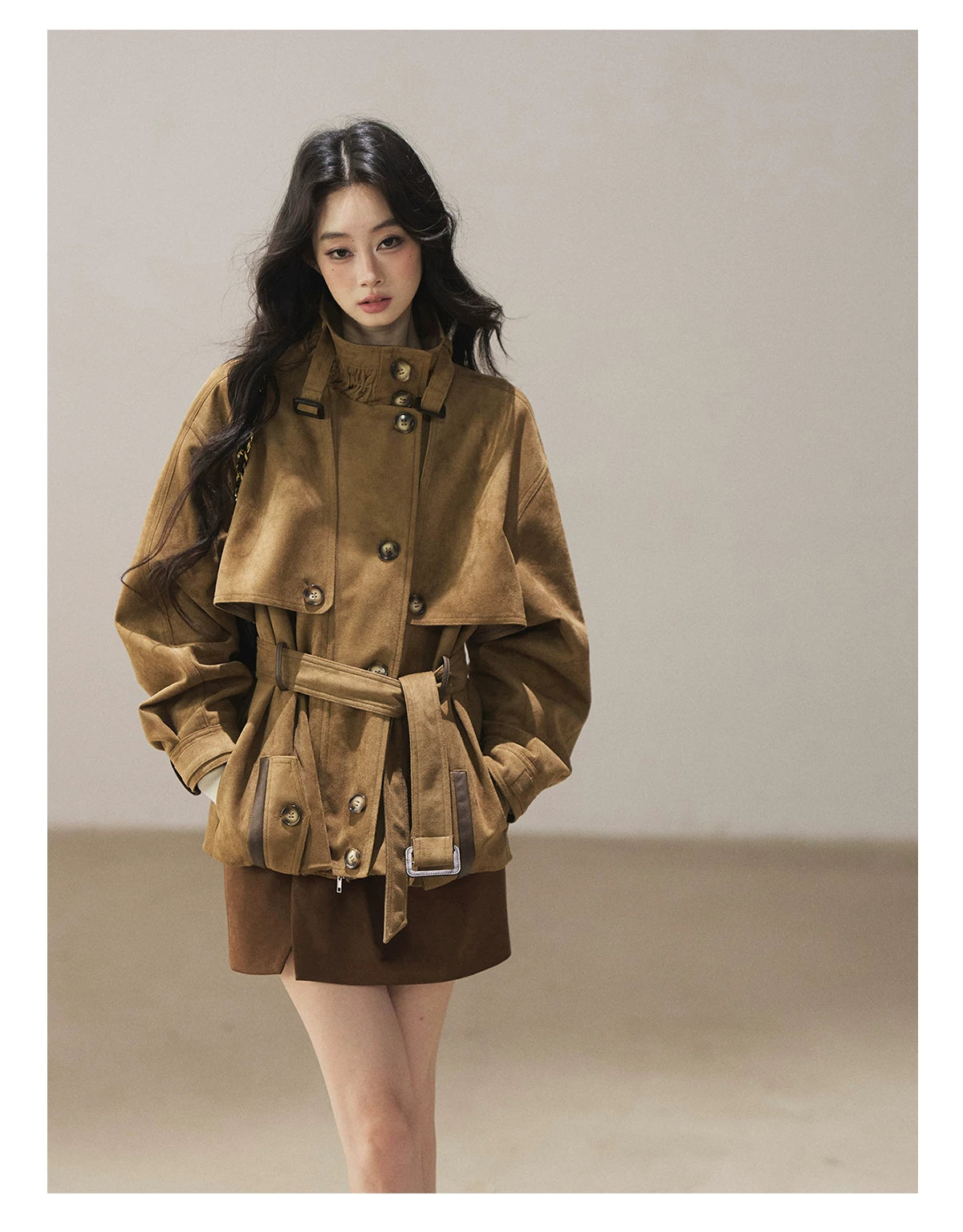 AOMALM - Chestnut Brown Faux-Suede Cropped Utility Coat with Belt