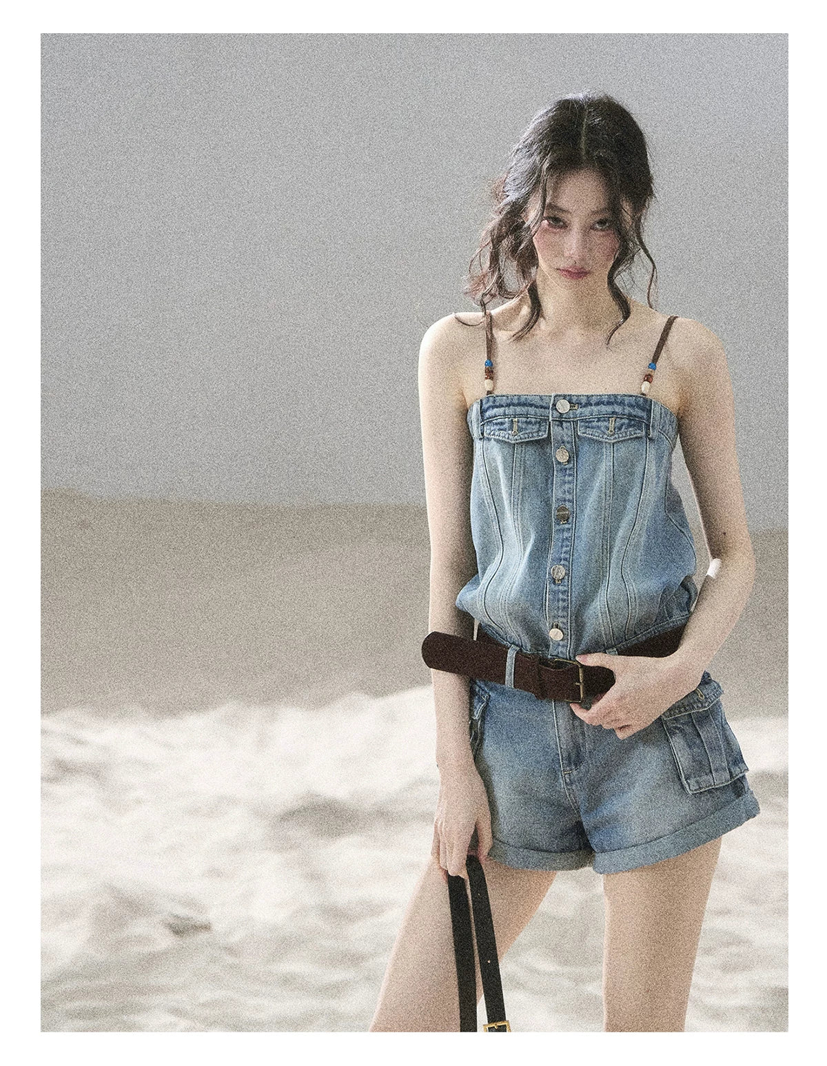 "A Walk by the Sea" Collegiate Blue Denim Utility Romper (With Belt)