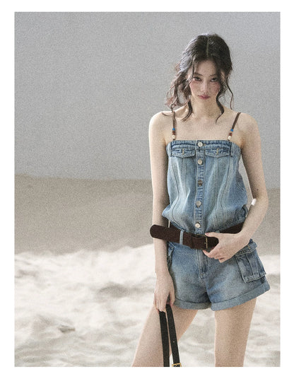 "A Walk by the Sea" Collegiate Blue Denim Utility Romper (With Belt)