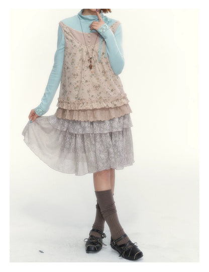 Misty Gray Pink Vintage Lace Tiered A-Line Skirt