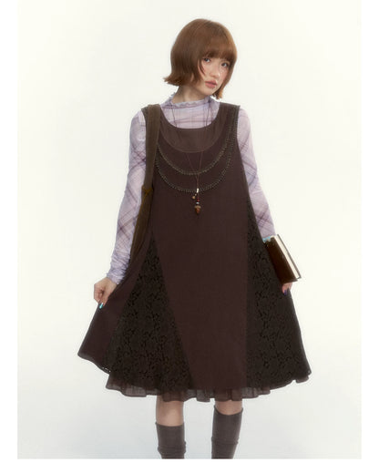 "Caramel Afterglow" Cocoa Brown Lace-Trim A-Line Dress Set with Purple Plaid Layering Top