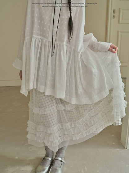 "Soft Polka Whisper" White Long Sleeve Babydoll Midi Dress