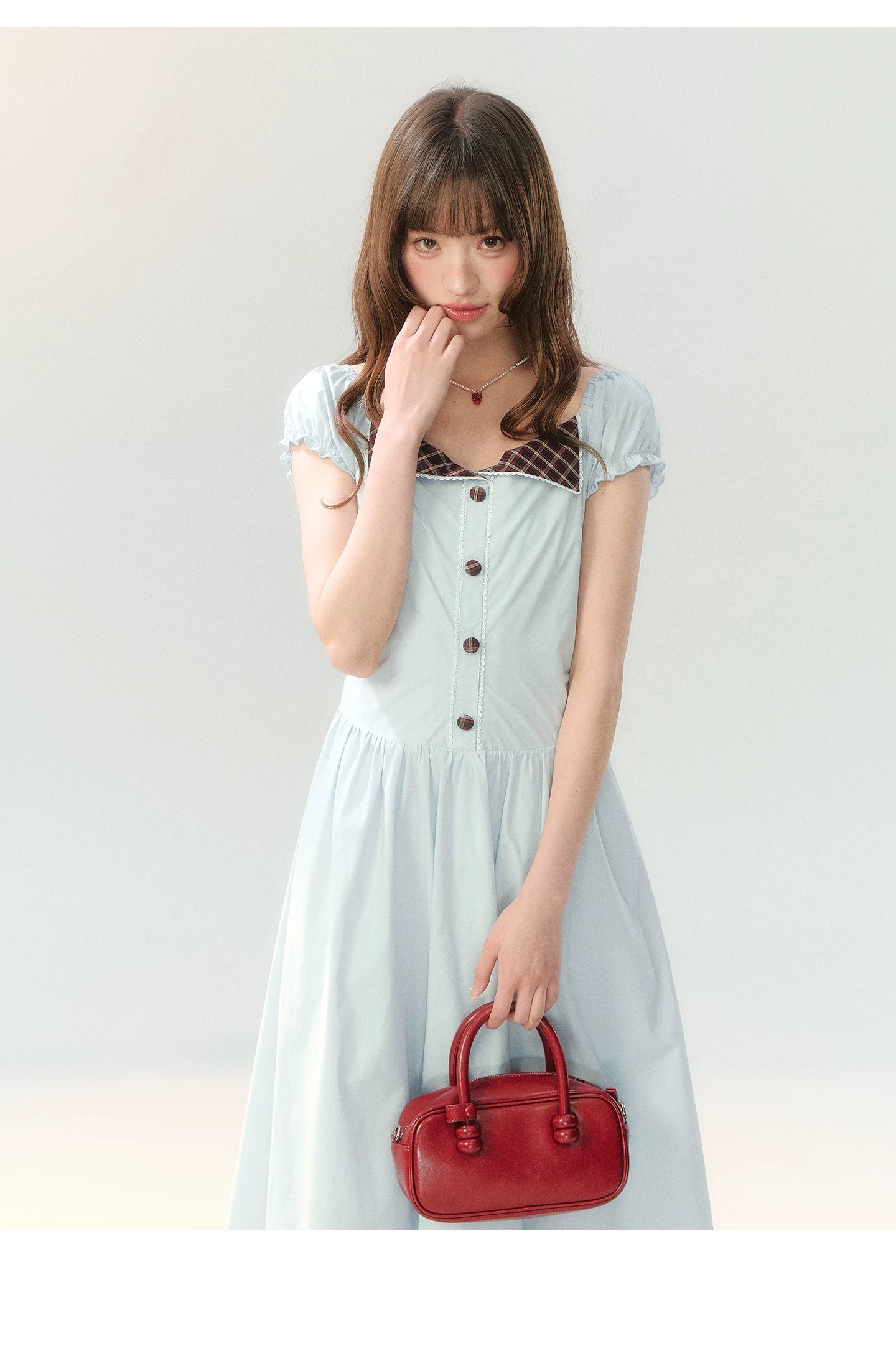 "Sakura Breeze Journal" Sea Blue Plaid Collar Dress LL2026226