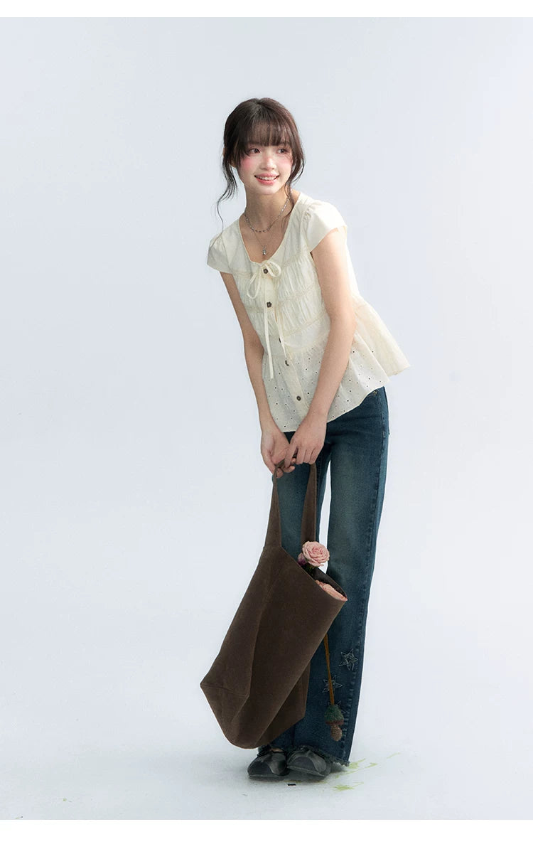 "Vintage Ribbon" Beige Bow Tie Lace Trim Blouse