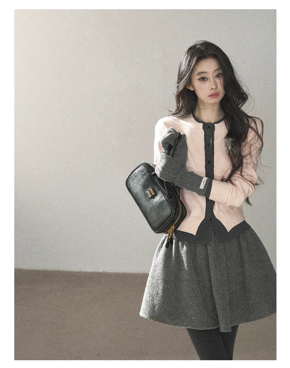 AOMALM - Cinnamon Pink Faux Layered Cropped Cardigan Sweater
