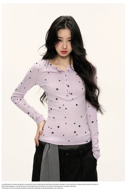 JN's DESIGN - Star Print Fitted Henley Long-Sleeve Top (White / Taro Pink-Purple)
