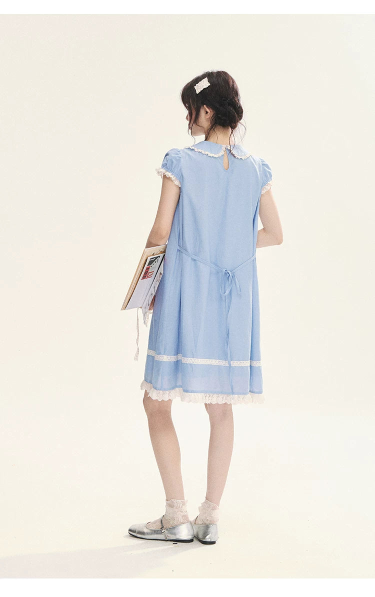 "Sweet Tea Doll" Haze Blue Lace Puff Sleeve Peter Pan Collar A-Line Dress