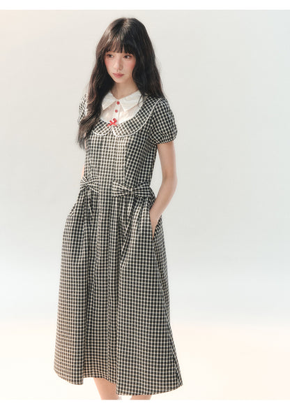 [CAN] "Black Cherry Check" Black Bow Doll Collar Dress