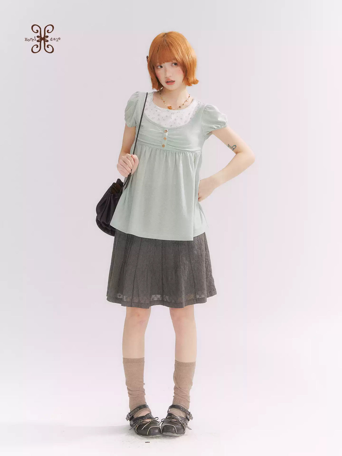 “Vintage Layered Charm” Mint Green Floral Layered Puff Sleeve T-Shirt