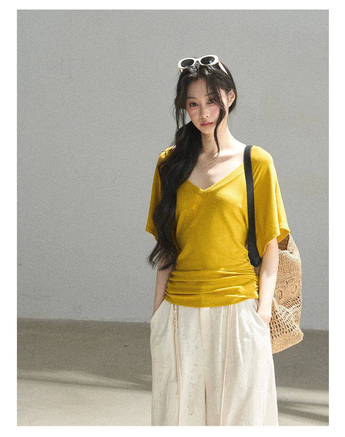 "The First Ray of Sunshine" V-Neck Crop Tee (Ginger Yellow. Creamy Apricot White)