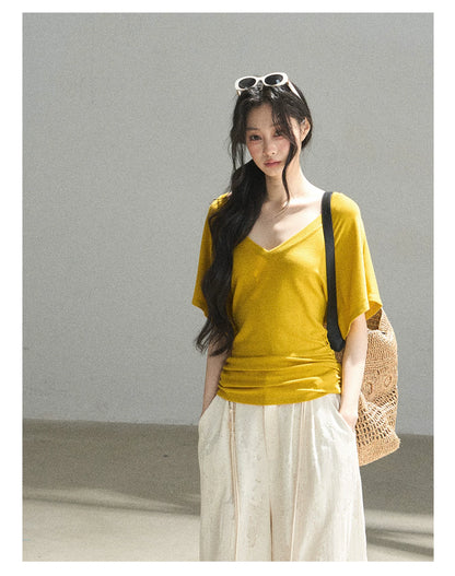 "The First Ray of Sunshine" V-Neck Crop Tee (Ginger Yellow. Creamy Apricot White)