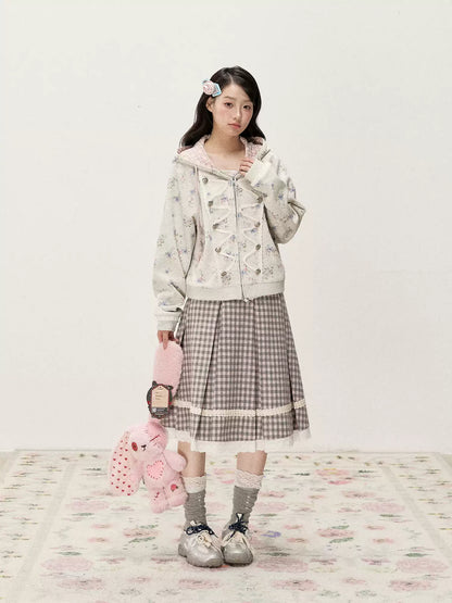[RF] Vintage Floral Waffle Knit Hoodie Cardigan with Gingham Lining