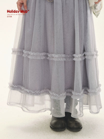 "Morning Veil" Morning Mist Purple Tiered Mesh Slip Midi Dress