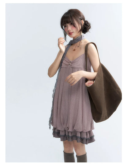 "Misty Lavender Reverie" Vintage Floral Lace Trim Midi Slip Dress
