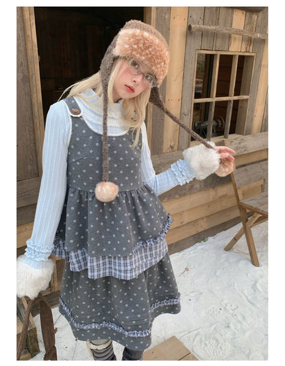 RF - Gray Floral Pinafore Top and Plaid Ruffle Skirt Set