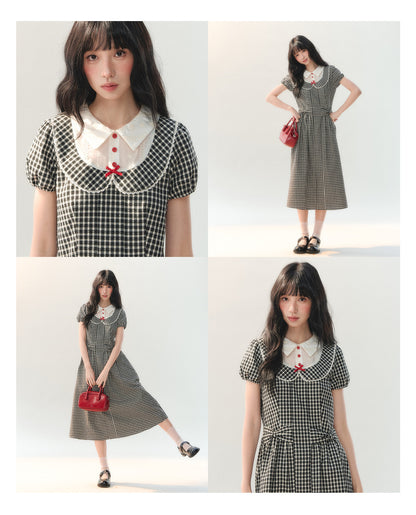 [CAN] "Black Cherry Check" Black Bow Doll Collar Dress