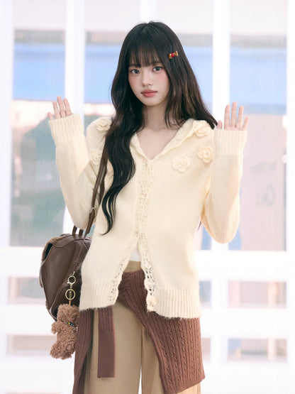 "Bloom Transit" Apricot Floral Hooded Knit Cardigan