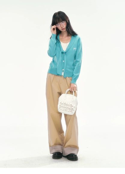 [CAN] Bow Embroidery Knit Cardigan (Blue / Yellow)