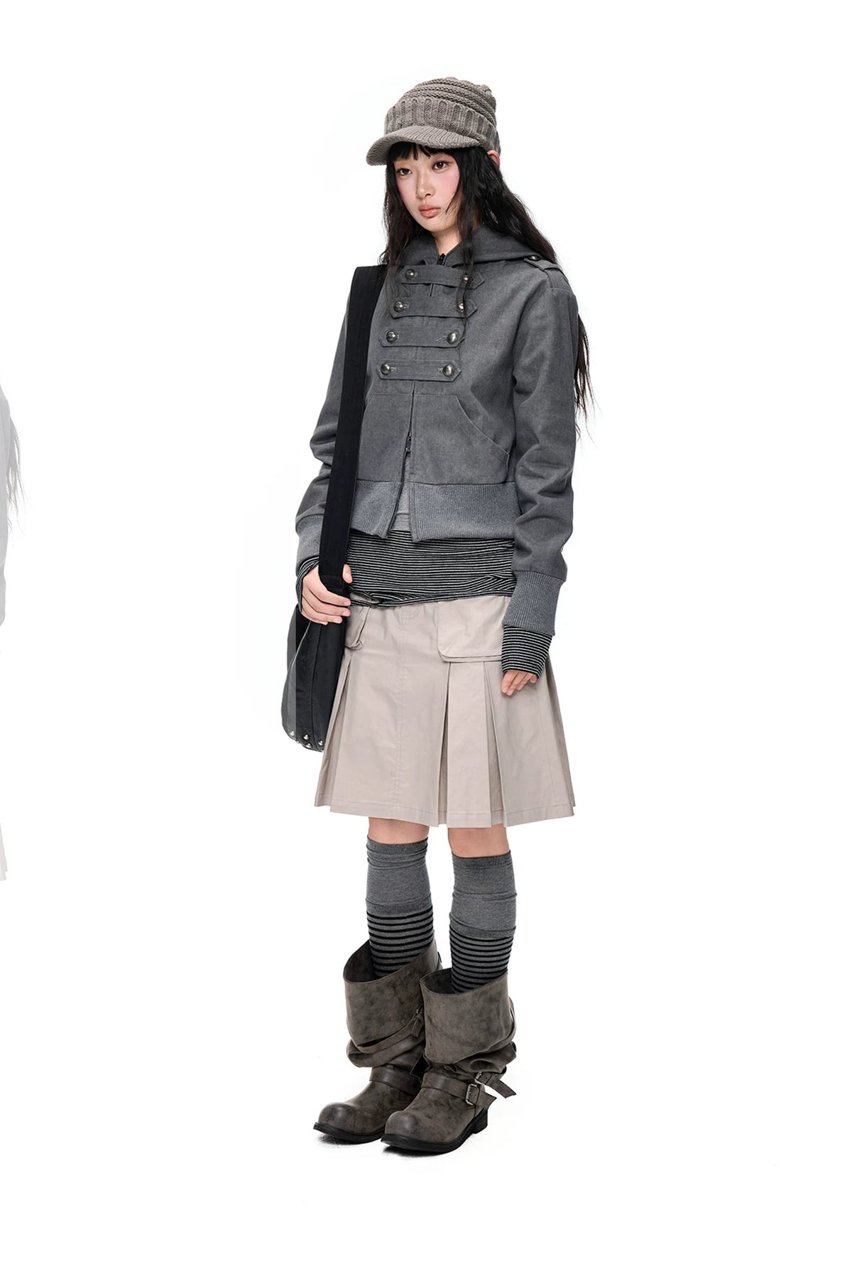 EZEK | Cropped Hooded Sweatshirt Jacket with Double Metal Snap Closure (Black / Gray)