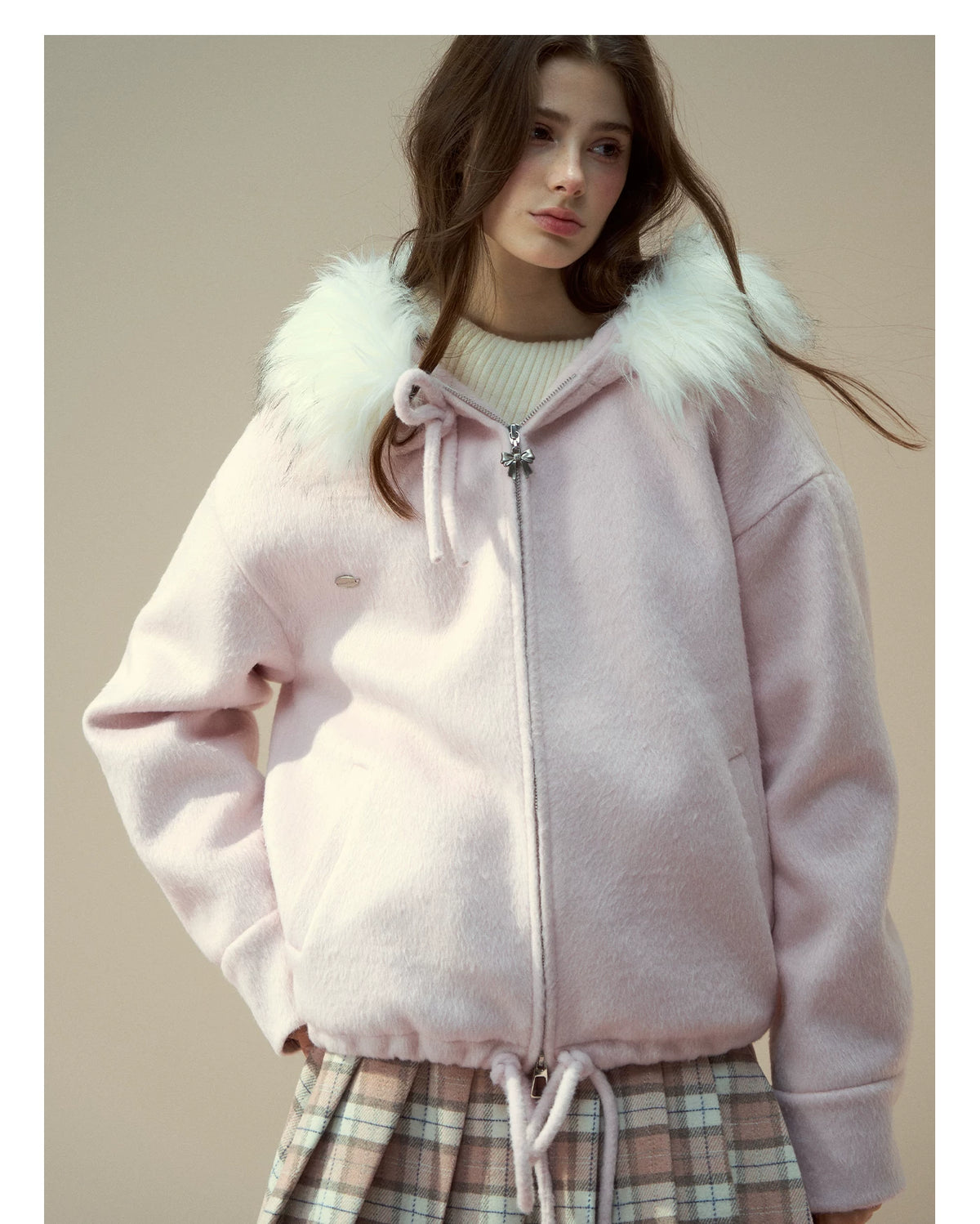 SunsetPark - "Warm Winter Days" Faux Fur Collar Wool-Blend Top Coat (Gray / Pink)