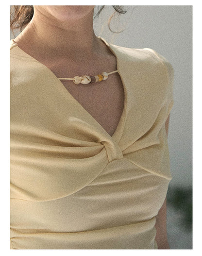 “Sheer Spring Whisper” Milkshake Yellow Twist V-Neck Top