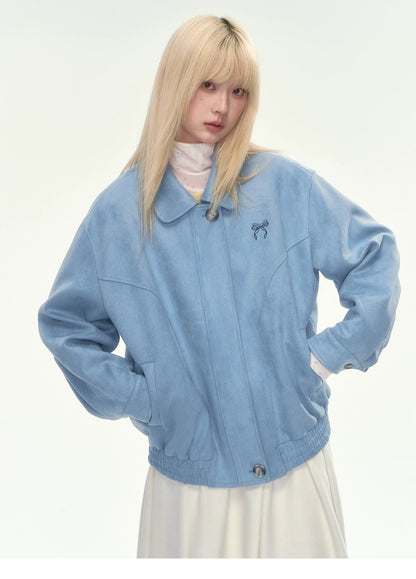 [CAN] Dusty Blue Suede Bow Embroidery Jacket